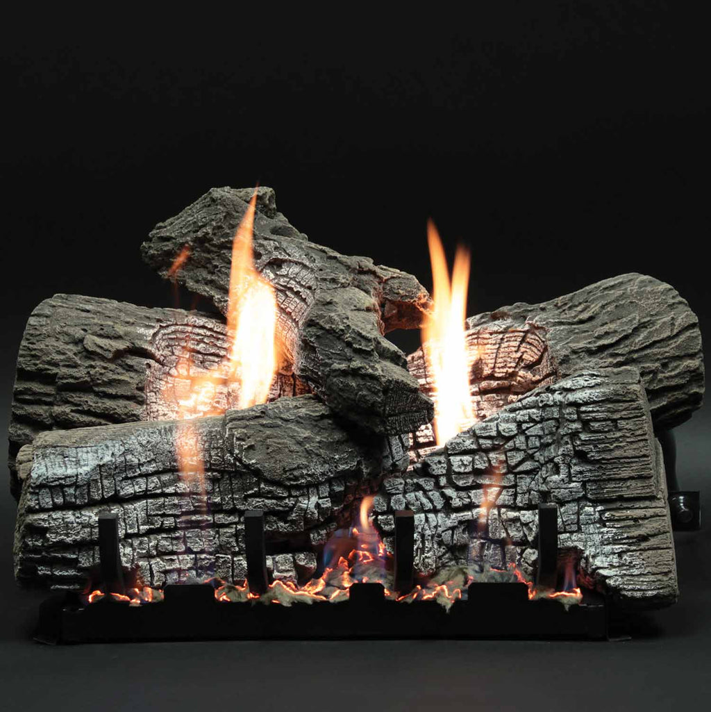 Refractory fireplace log set with tall flames rising from stacked logs