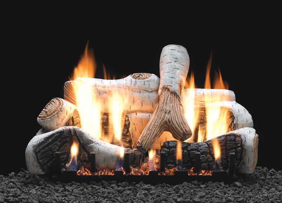 Ceramic fiber fireplace log set with light gray birch-style logs and visible flames