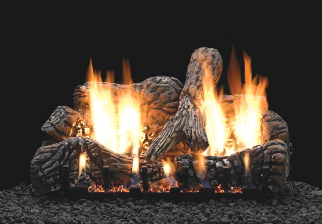 Charred oak fireplace log set with ceramic fiber logs and open flames