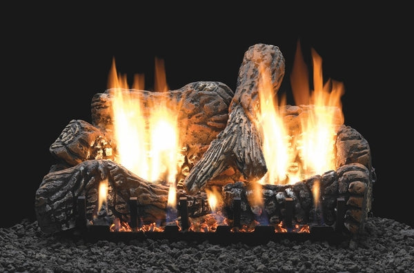 Ceramic fiber log set with glowing flames and charred faux logs