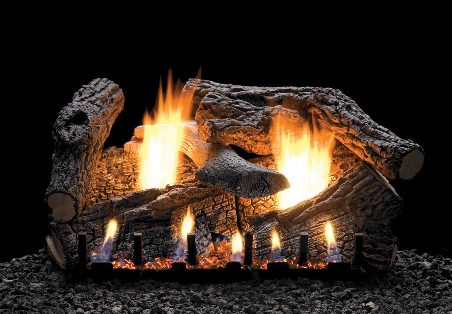 Refractory fireplace log set with glowing flames and charred log pieces