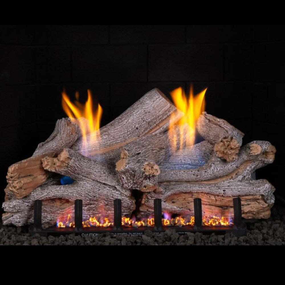 Ventless outdoor gas log set with faux logs and multiple flames