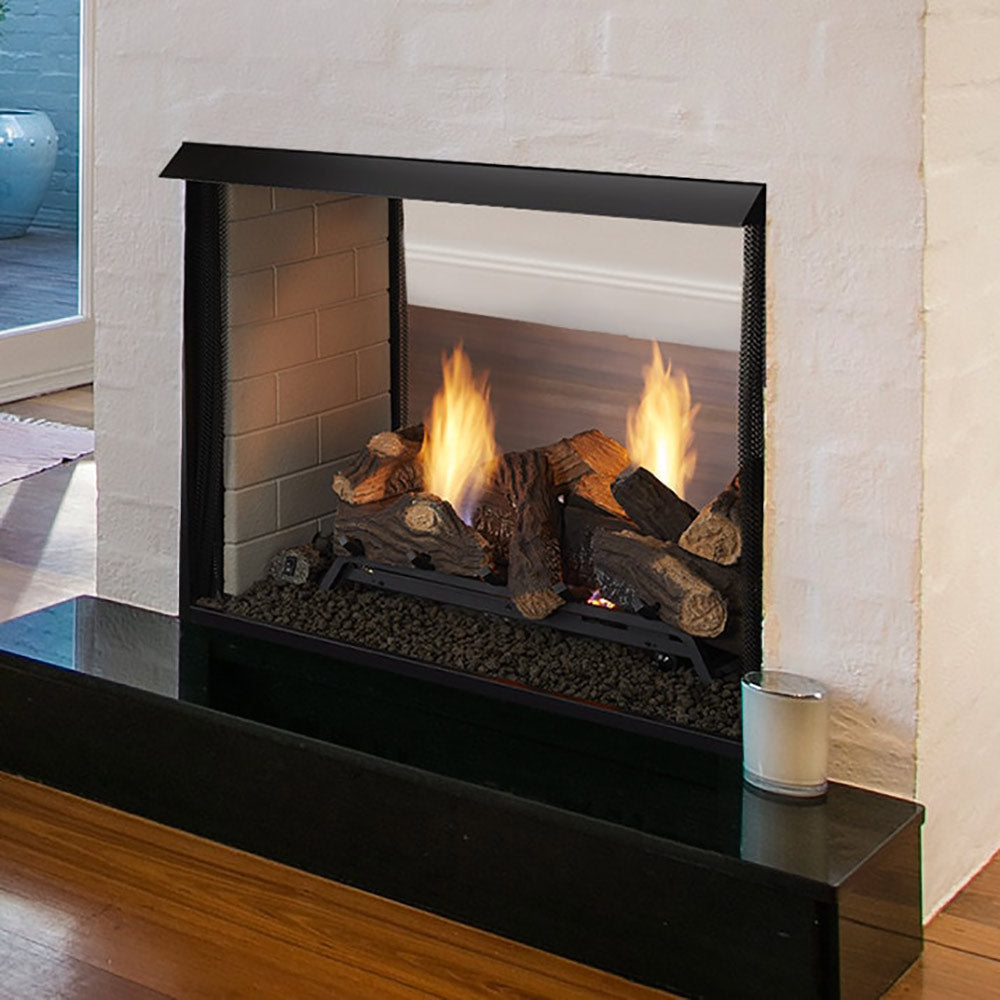 Vent-free gas firebox with see-through front and burning gas log set