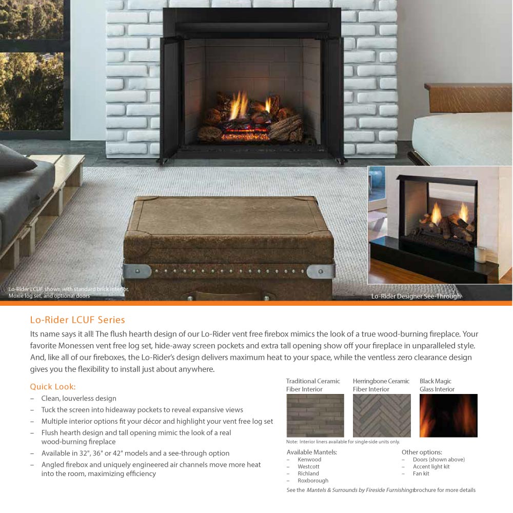 Black vent-free firebox with see-through glass panels and burning gas logs