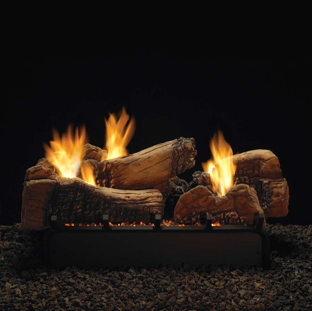 Ceramic fiber fireplace log set with curved faux wood logs and visible flames
