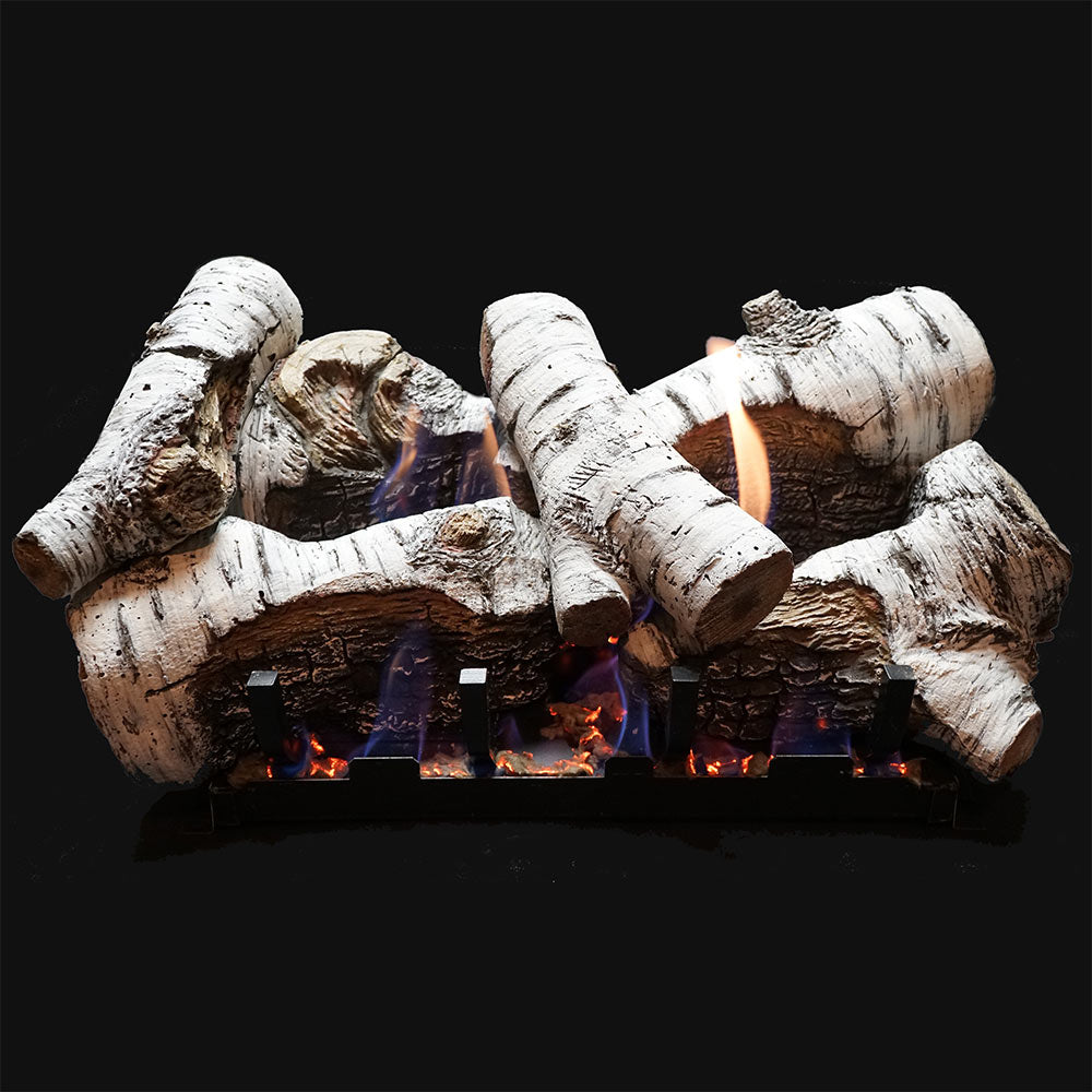 Birch gas log set with white split wood logs and glowing embers