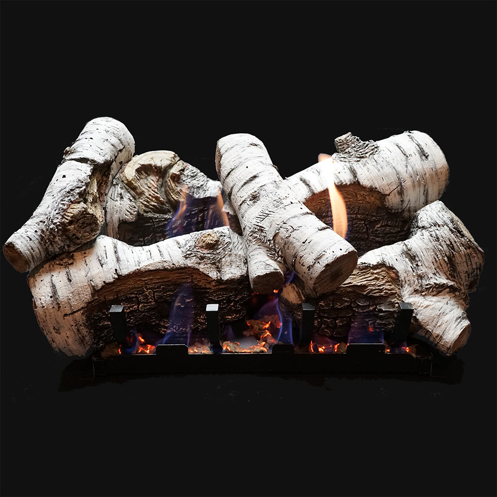 Birch-style vented fireplace log set with three logs and visible flames