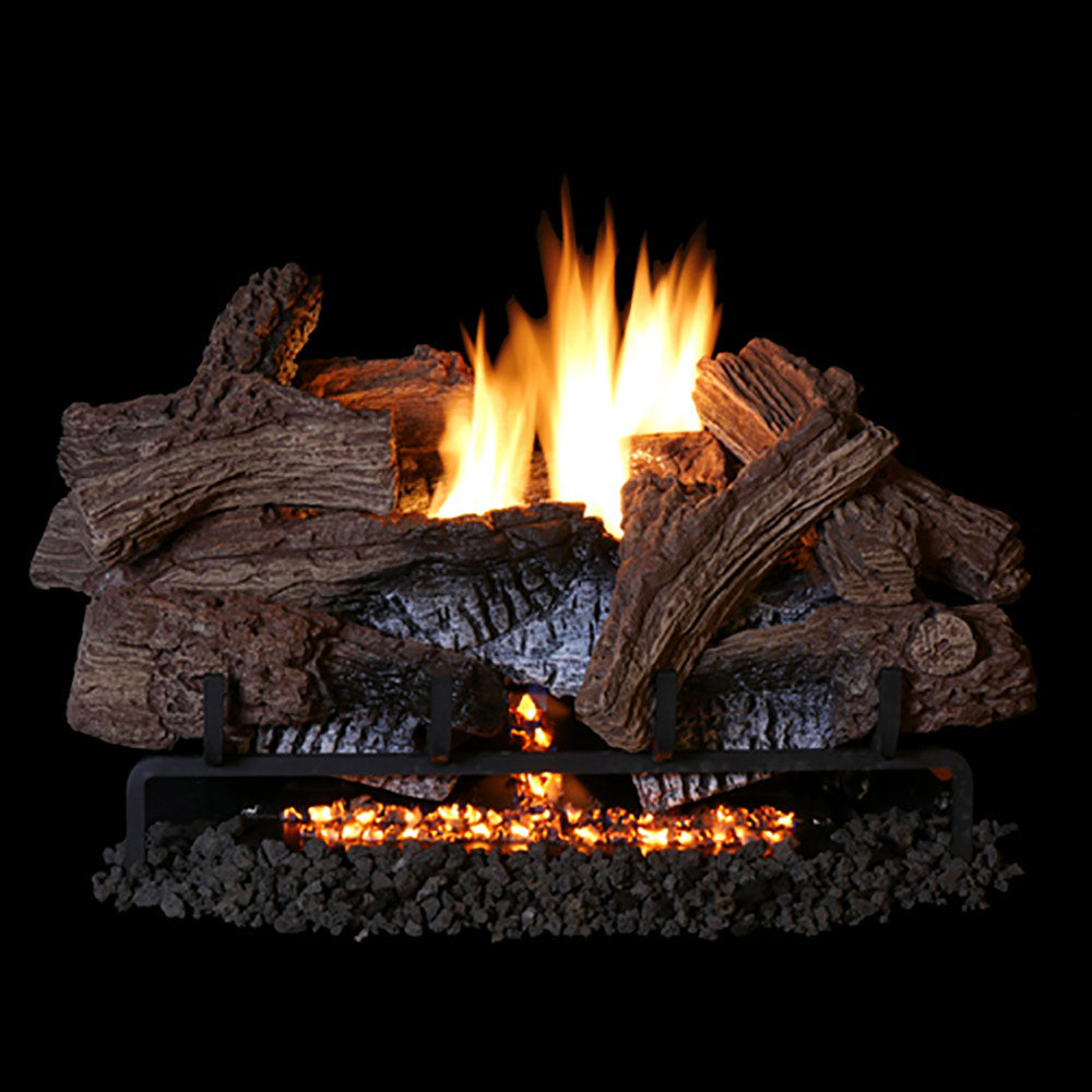 Vent-free gas log set with burning flames over dark simulated timber logs