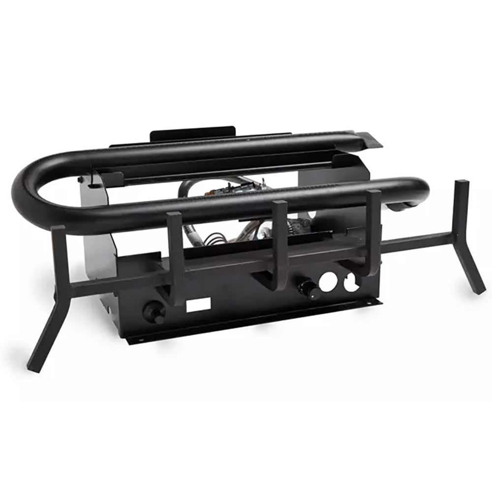 Outdoor natural gas burner with black metal base and control knobs