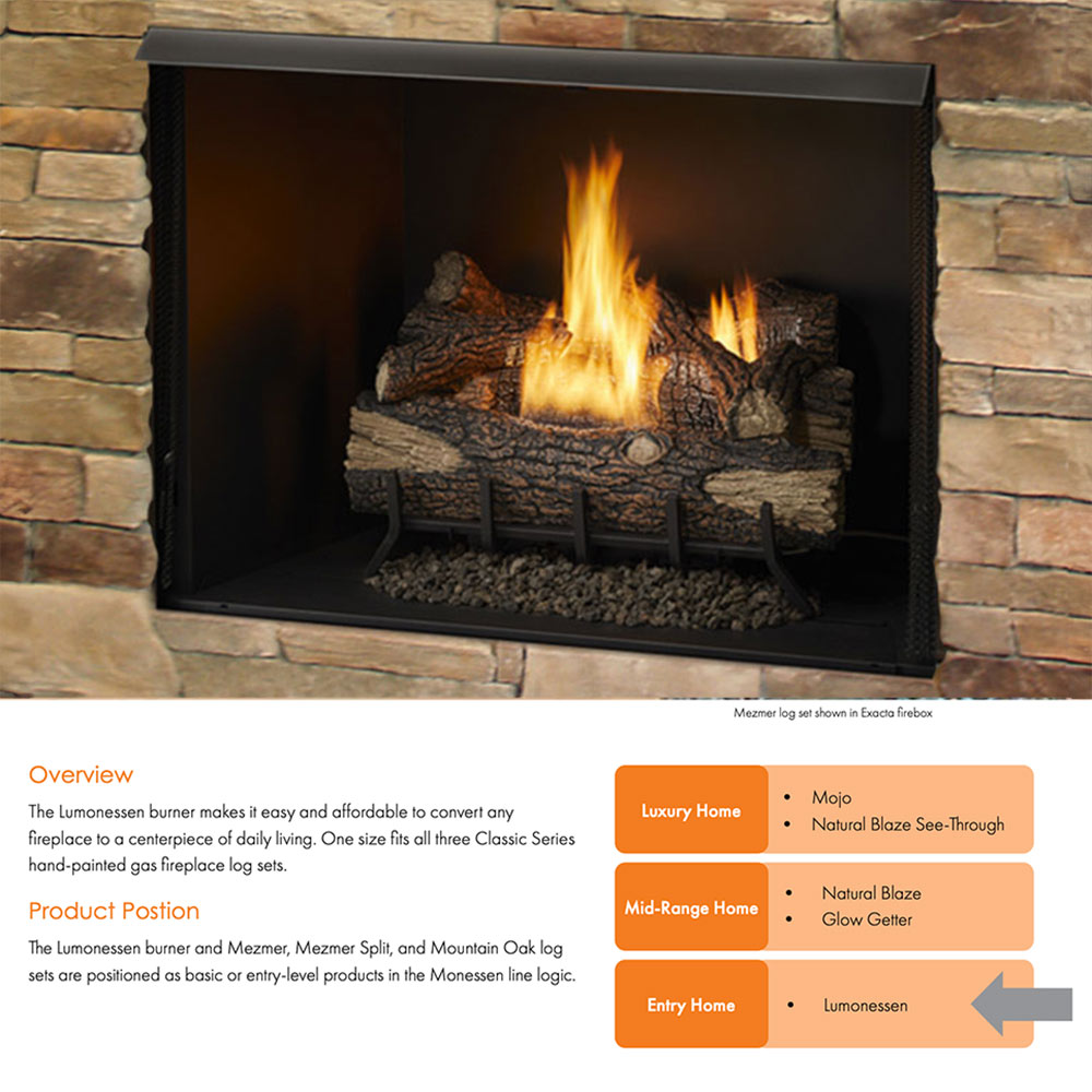Vent-free gas log set inside a black firebox with glowing flames and dark logs