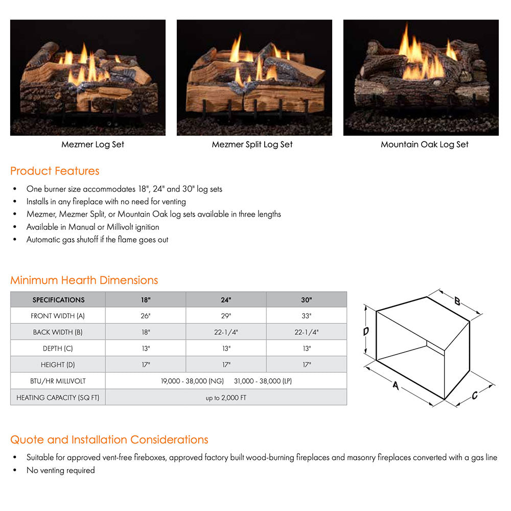 Vent-free gas log set comparison graphic with flame-filled log images and size chart