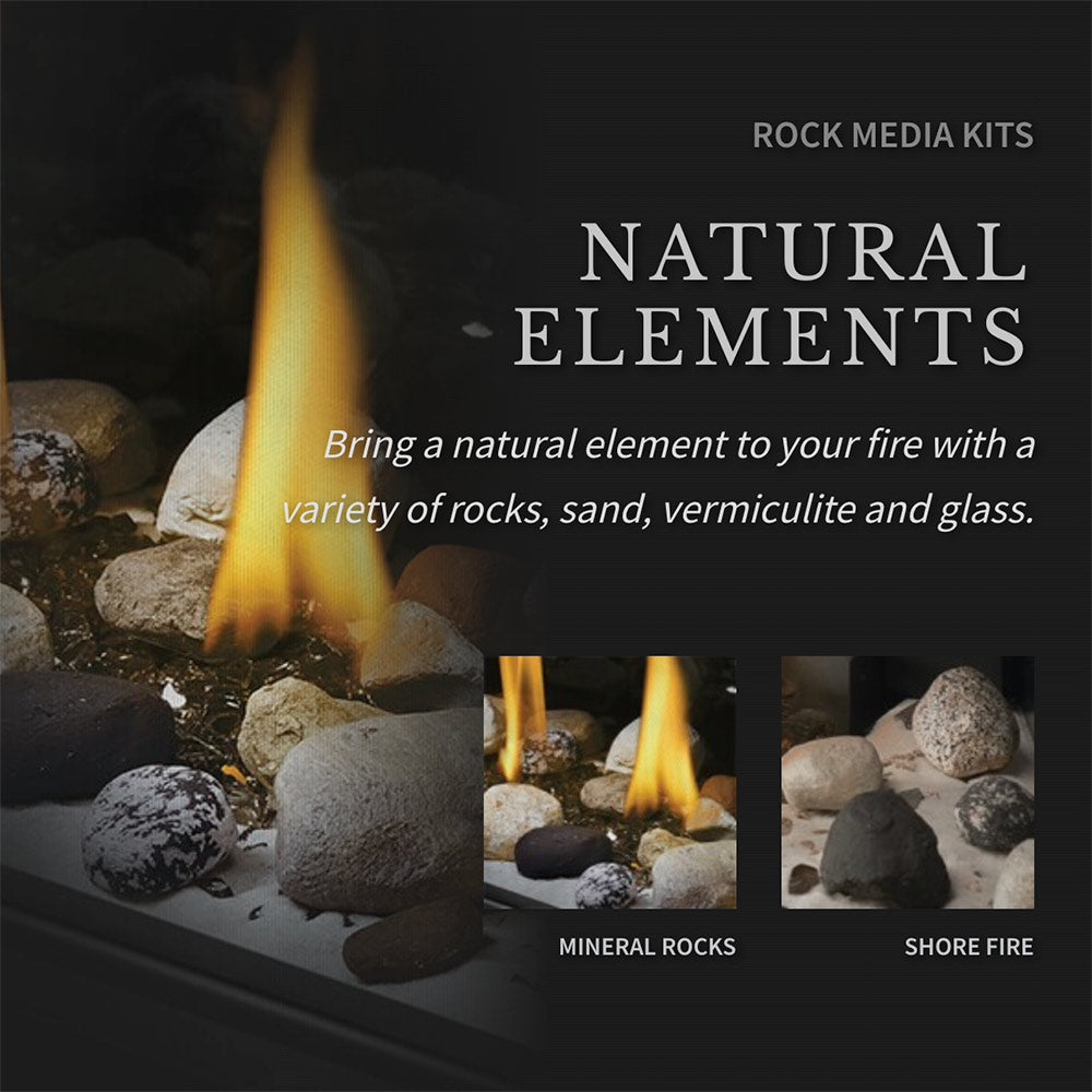 Fireplace rock media kit graphic with burning flames over rocks in gray tones