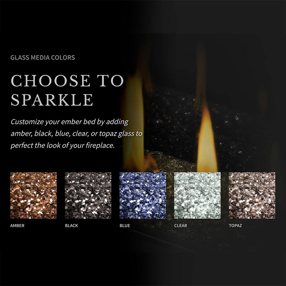 Glass media color options graphic with yellow flames and labeled glass sparkle swatches