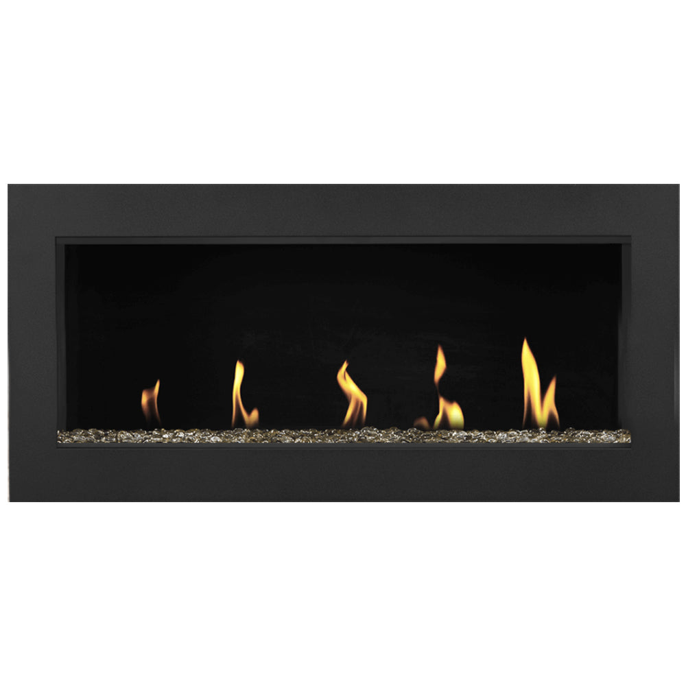 Direct vent gas fireplace with burning flames over dark glass gravel