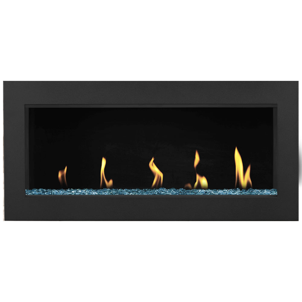 Direct vent gas fireplace with burning flames over blue glass beads