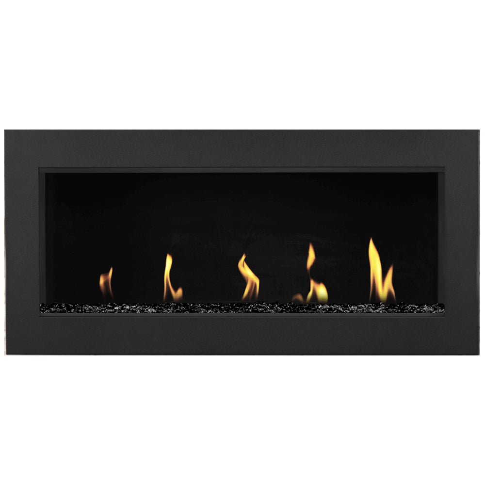 Direct vent gas fireplace with burning flames over dark ember media