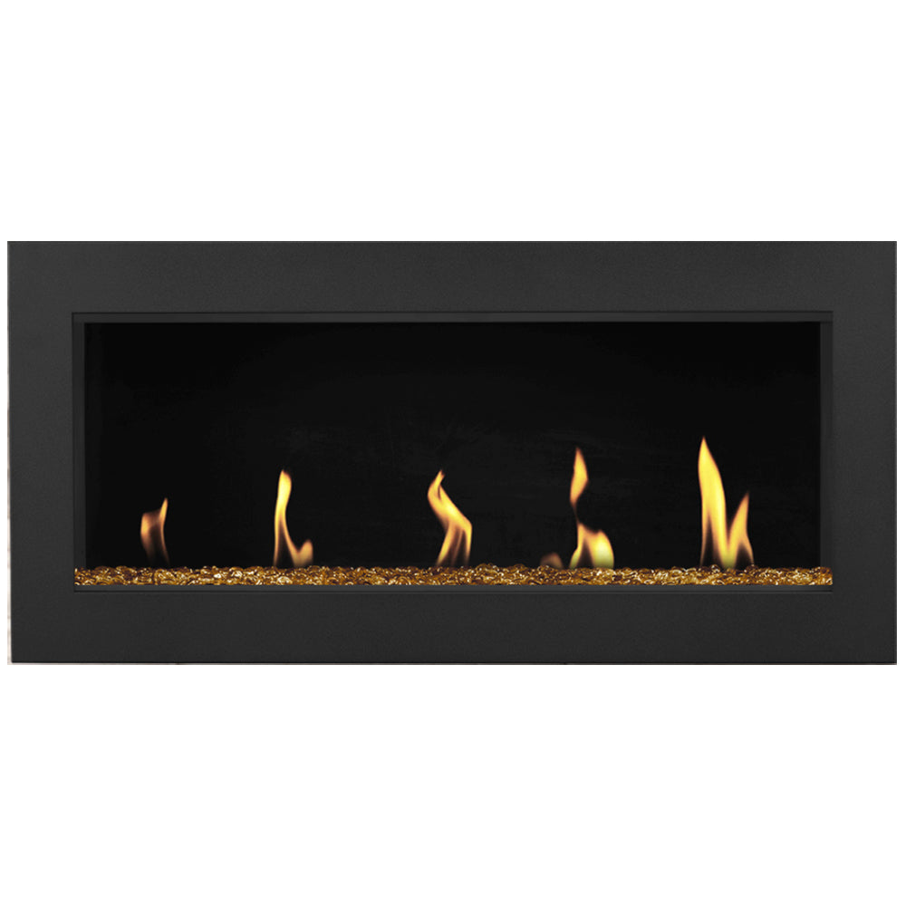 Direct vent gas fireplace with burning flames over brown ember media