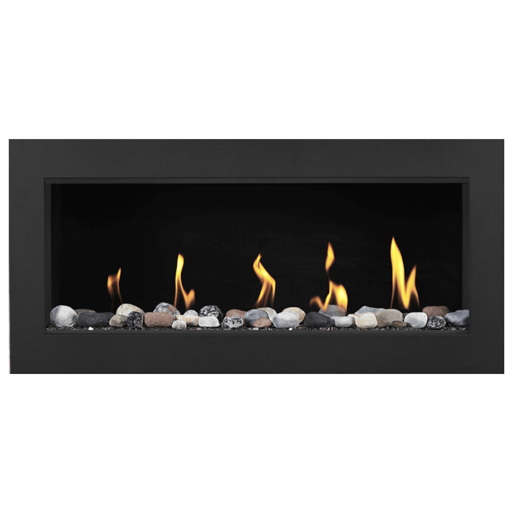Direct vent gas fireplace with burning flames over silver glass beads