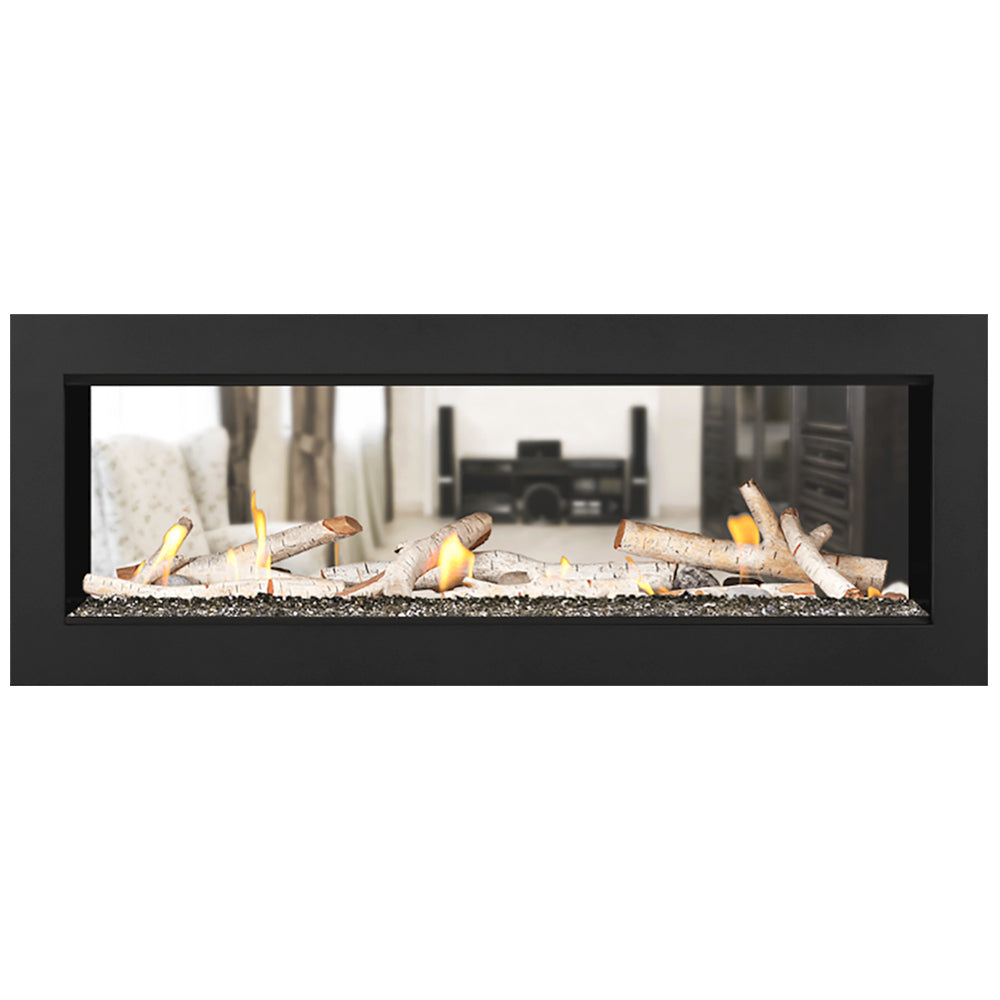 Double-sided gas fireplace with birch logs, pale stones, and visible flames