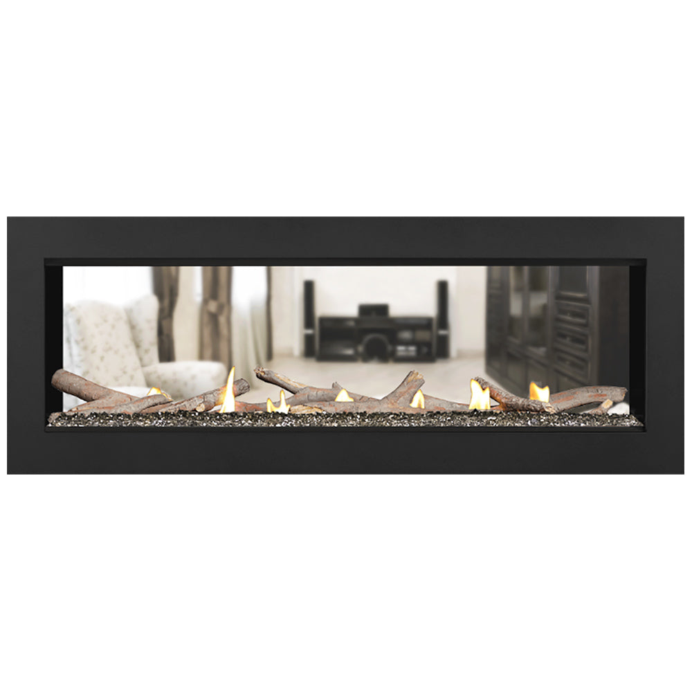 Gas fireplace with pale stone media and glowing flames behind a dark frame