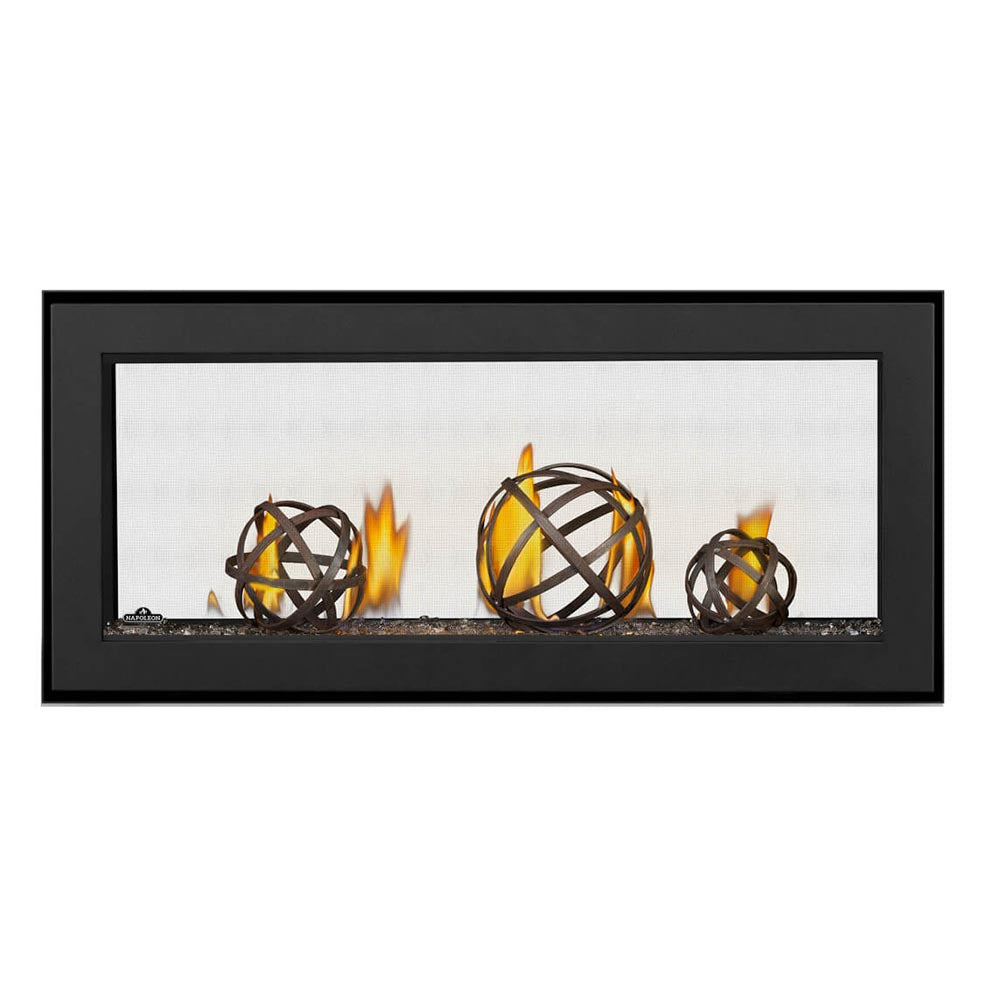 Double-sided direct vent gas fireplace with black glass beads and burning flames