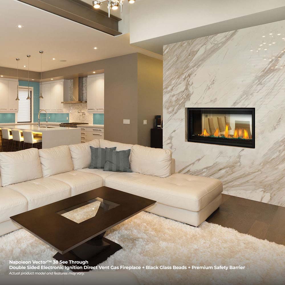Wall-mounted gas fireplace insert with black trim and visible burning flames