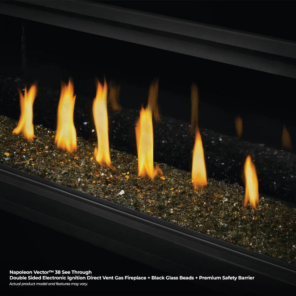 Gas fireplace burner with black glass beads and multiple burning flames