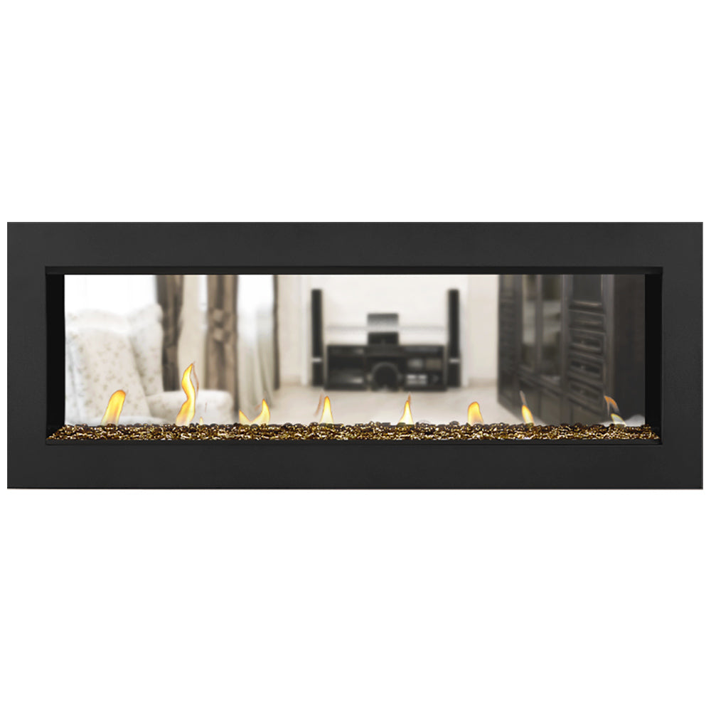 Direct vent gas fireplace with flames and dark media rocks in a black surround