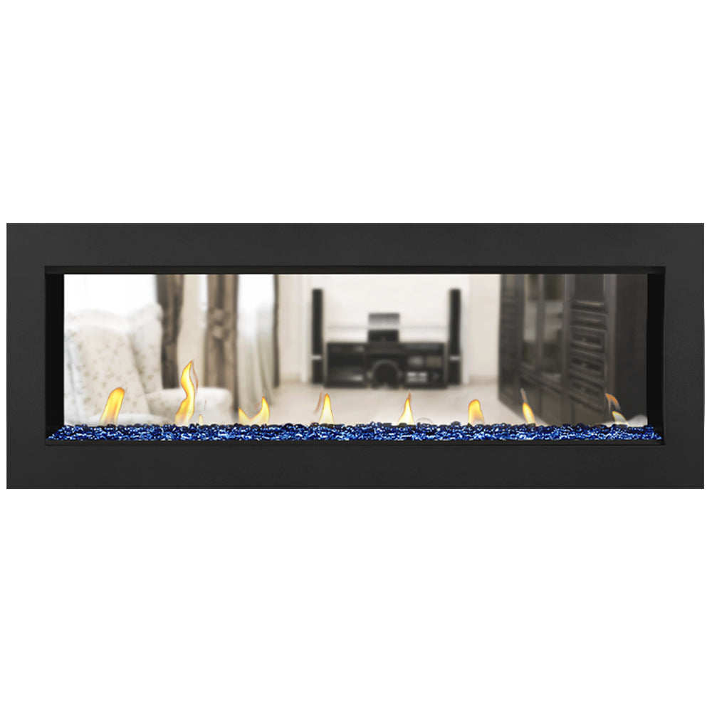 Direct vent gas fireplace with flames and blue media rocks in a black surround
