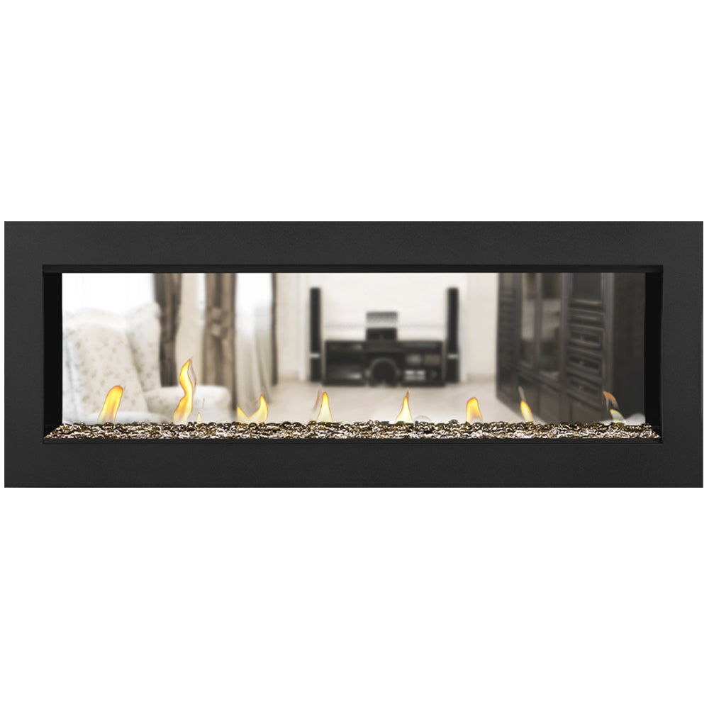 Direct vent gas fireplace with flames and light-colored media rocks in a black surround