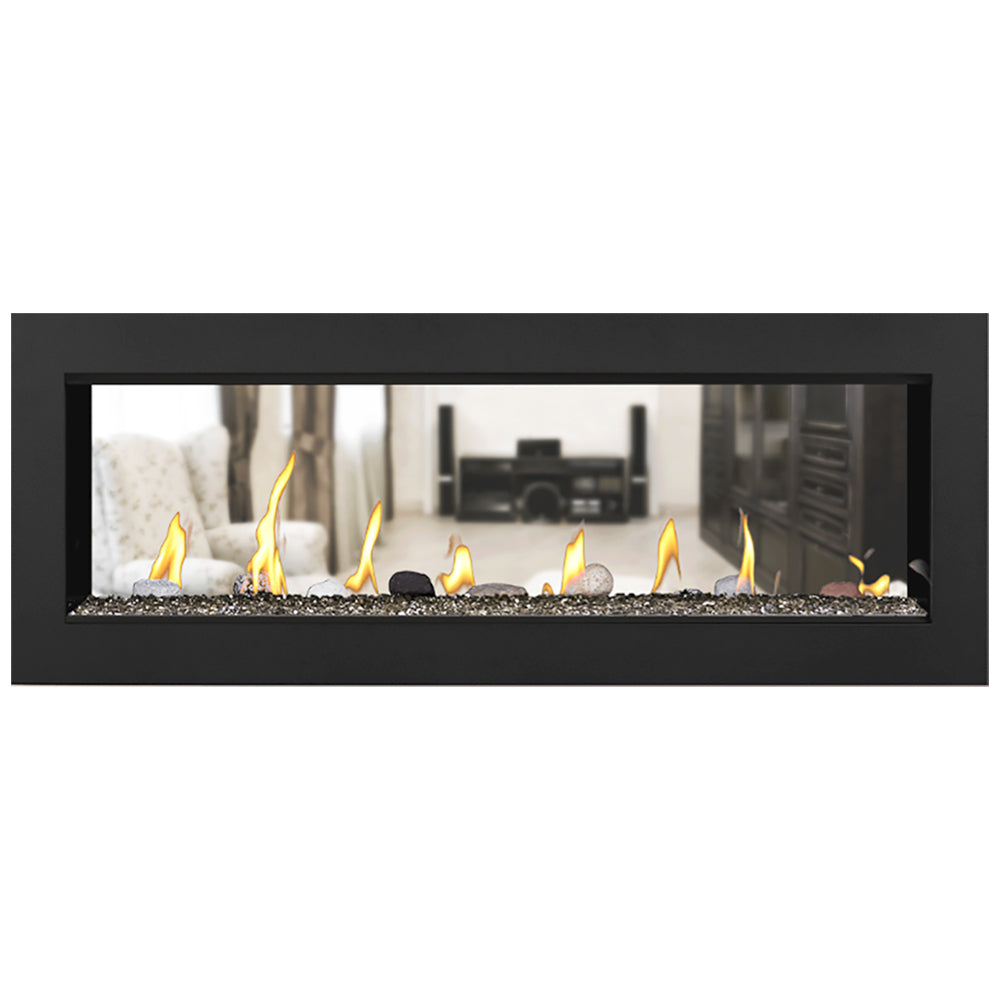 Direct vent gas fireplace with flames and white media rocks in a black surround