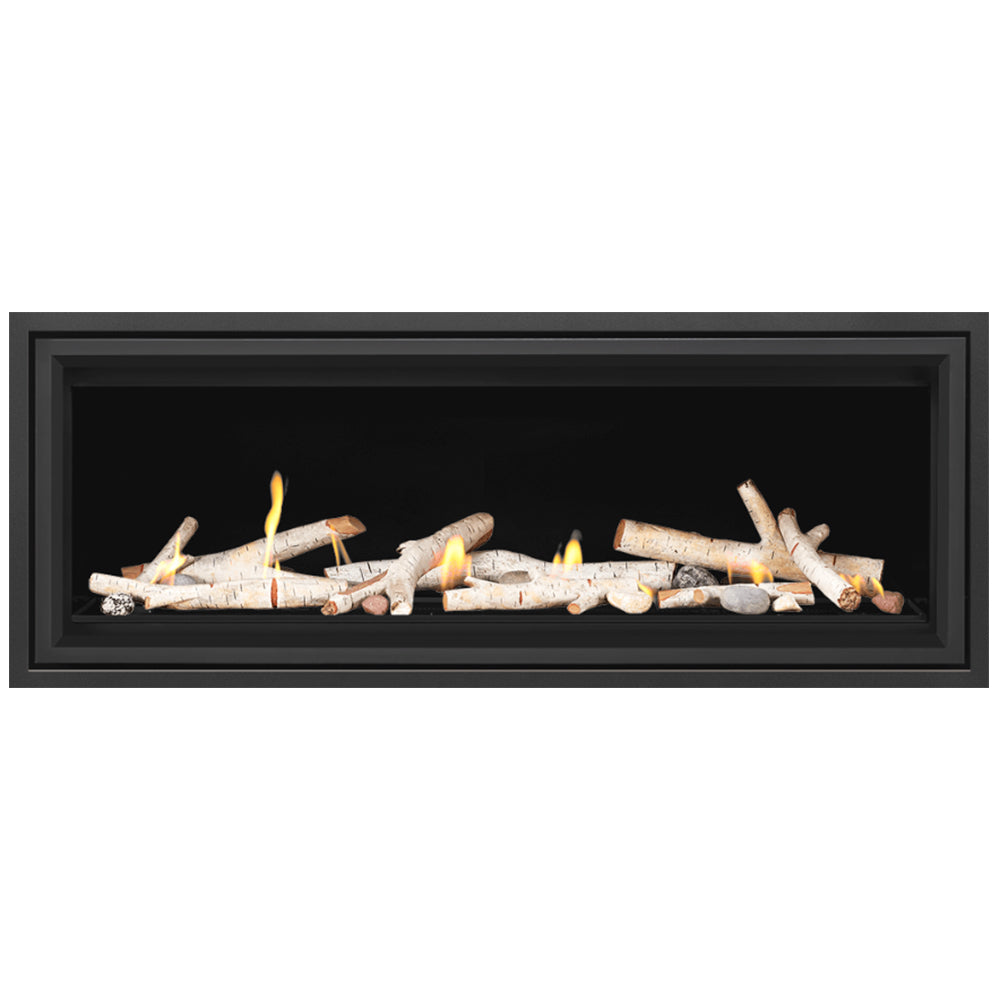 Direct vent fireplace with burning birch logs, dark frame, visible yellow flames