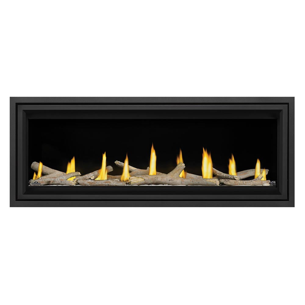 Direct vent gas fireplace with dark frame, burning flames over birch logs and stones