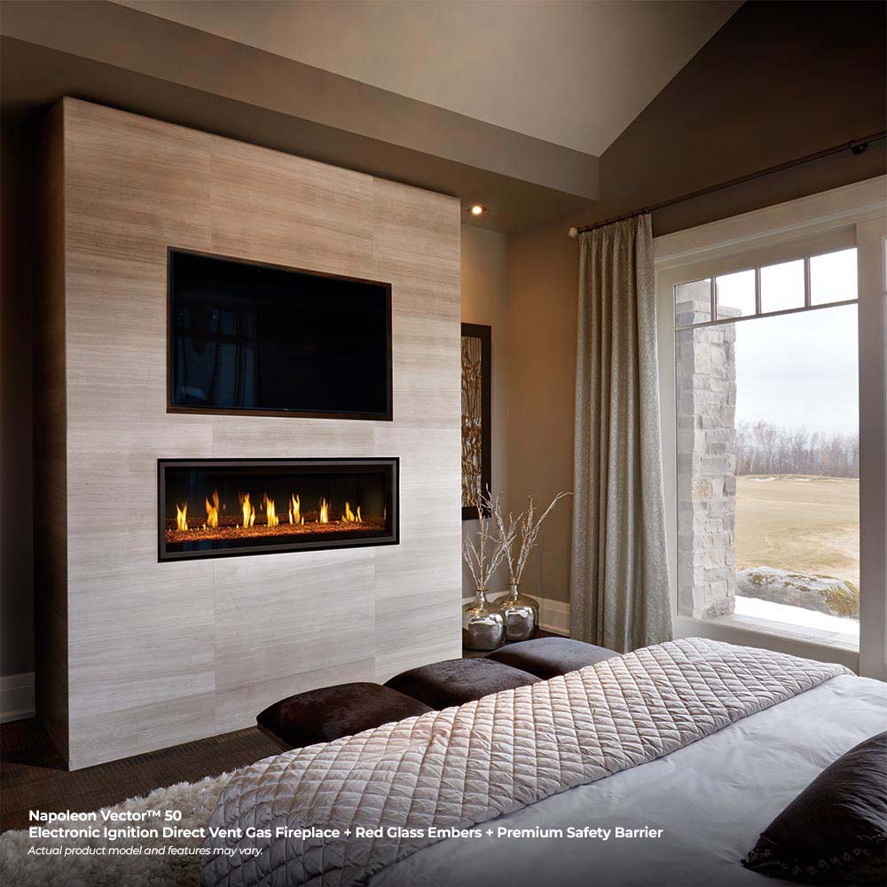 Wall-mounted fireplace insert with dark trim and burning logs behind glass