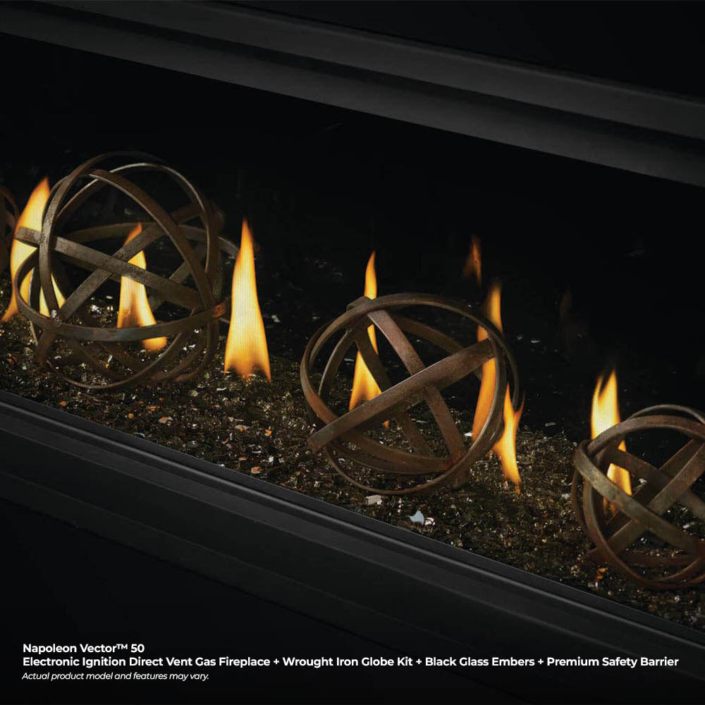 Direct vent fireplace with burning logs and wrought-iron globe decor, yellow flames