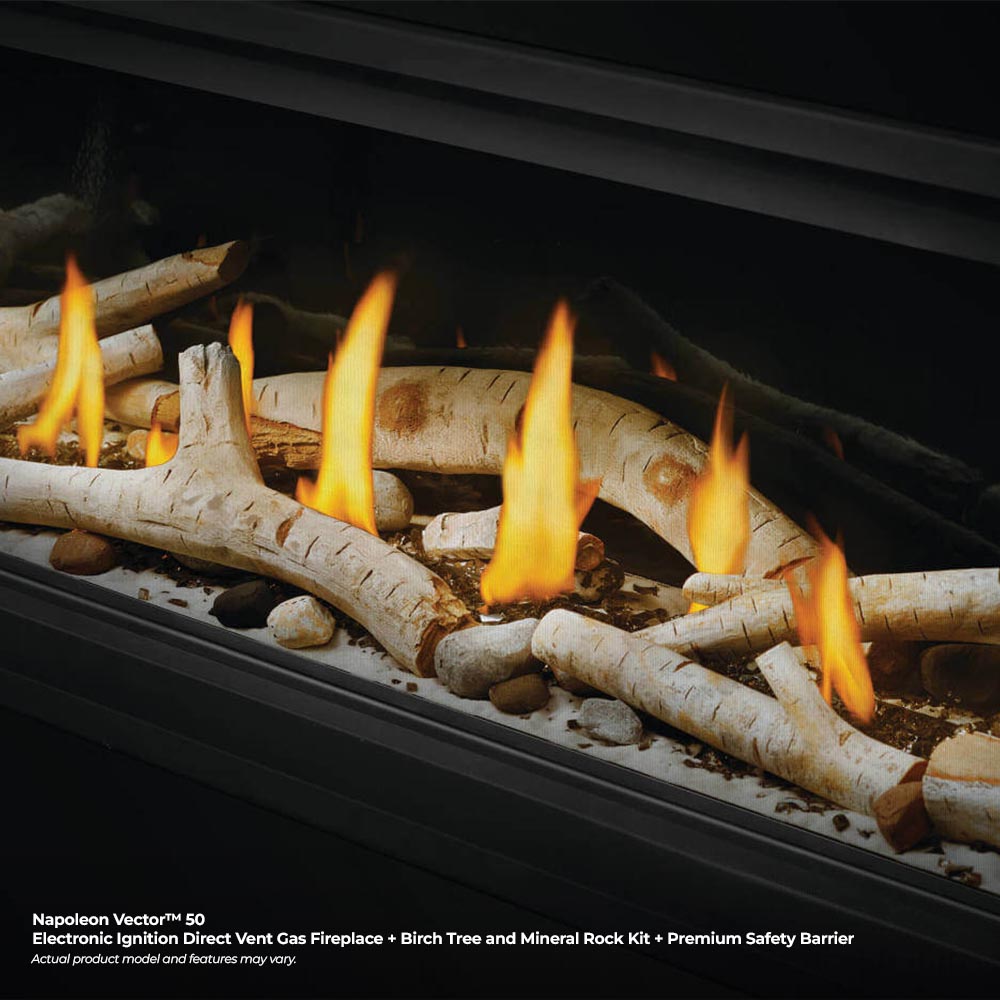 Burning birch-style logs inside dark direct vent fireplace, yellow flames visible