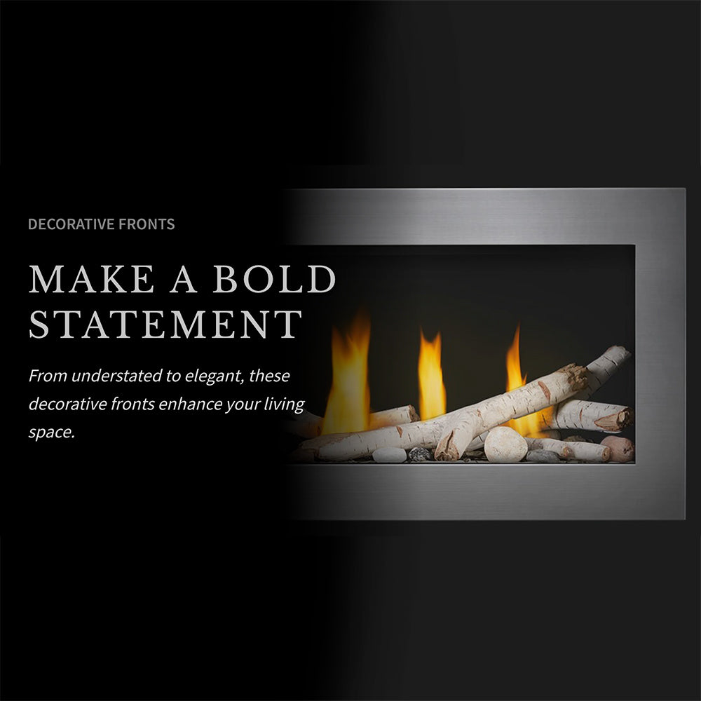 Built-in fireplace front with burning logs and flames inside rectangular black frame