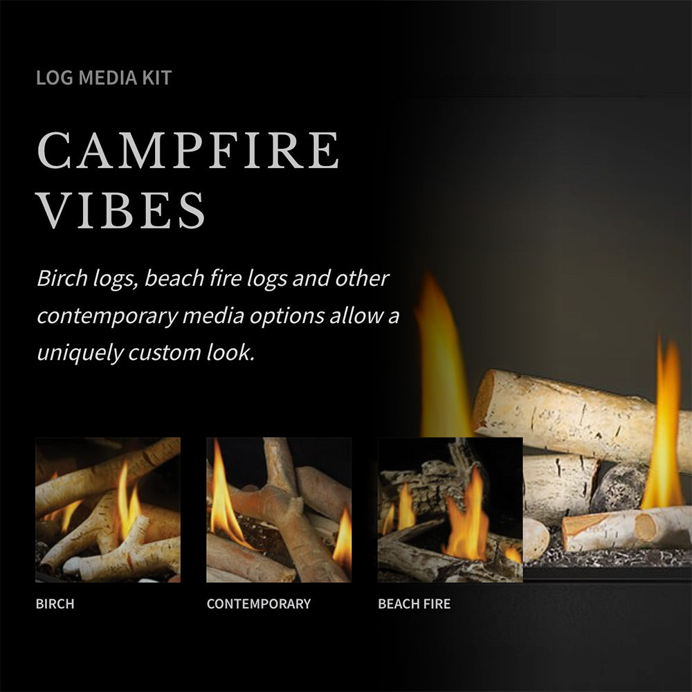 Fireplace media kit preview with burning birch logs and flames in dark frame