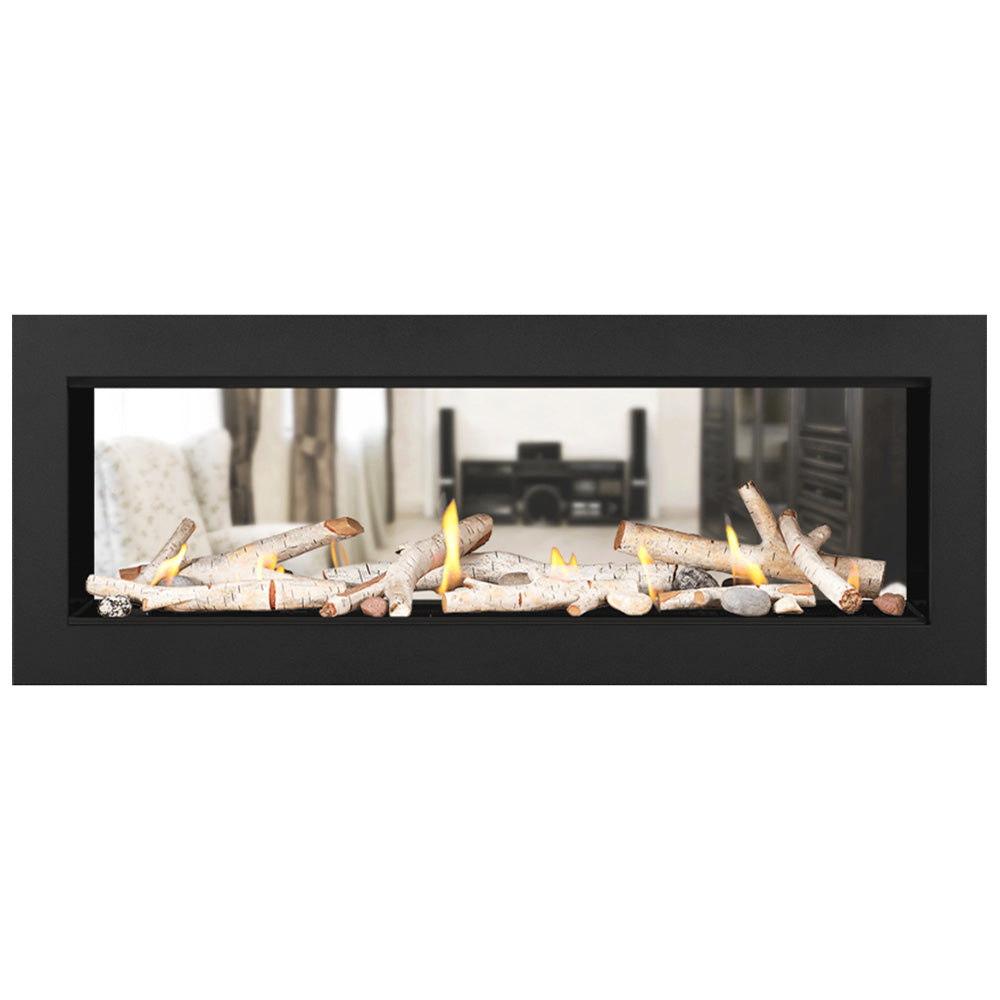 Black direct vent gas fireplace with white log set and small flames