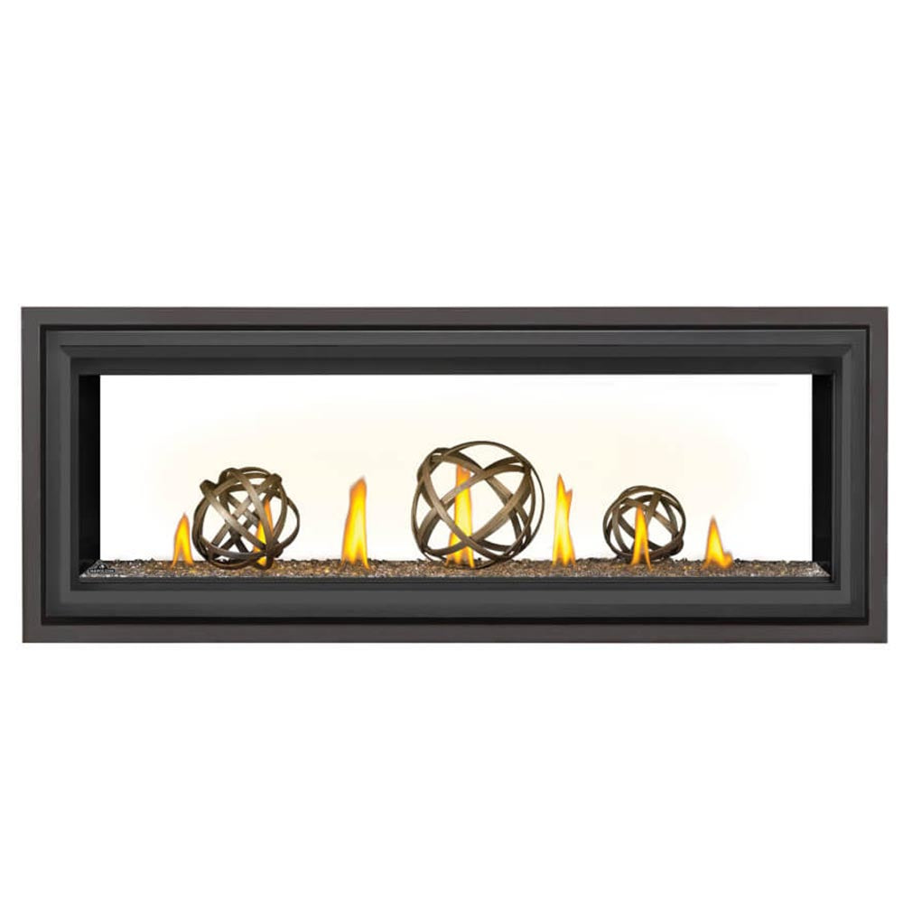 Black direct vent gas fireplace with glowing flames and iron globe decor