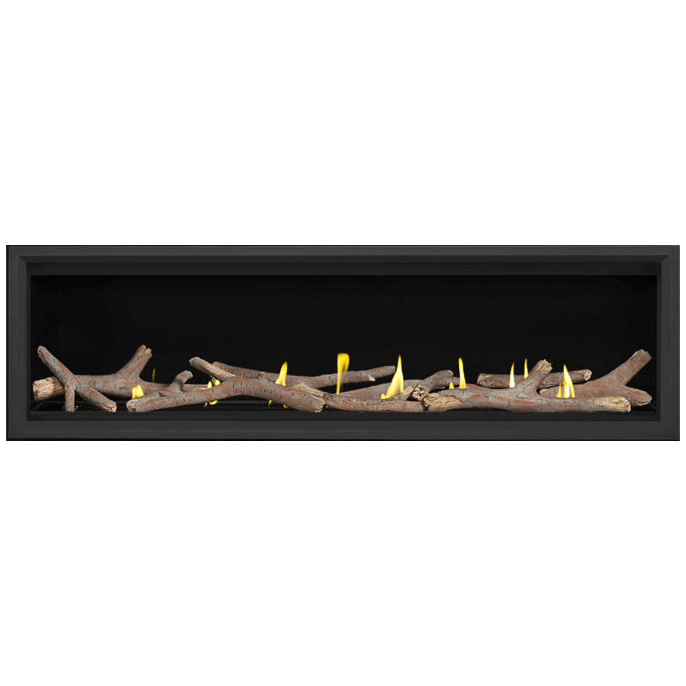 Direct vent gas fireplace insert with glowing flames over decorative log pieces