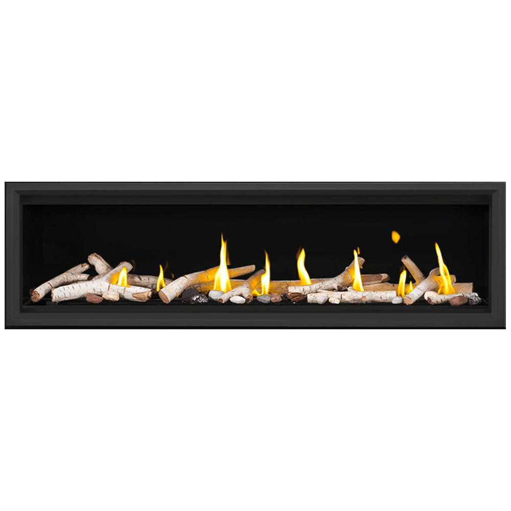 Direct vent gas fireplace insert with burning flames, white logs, and glass ember bed