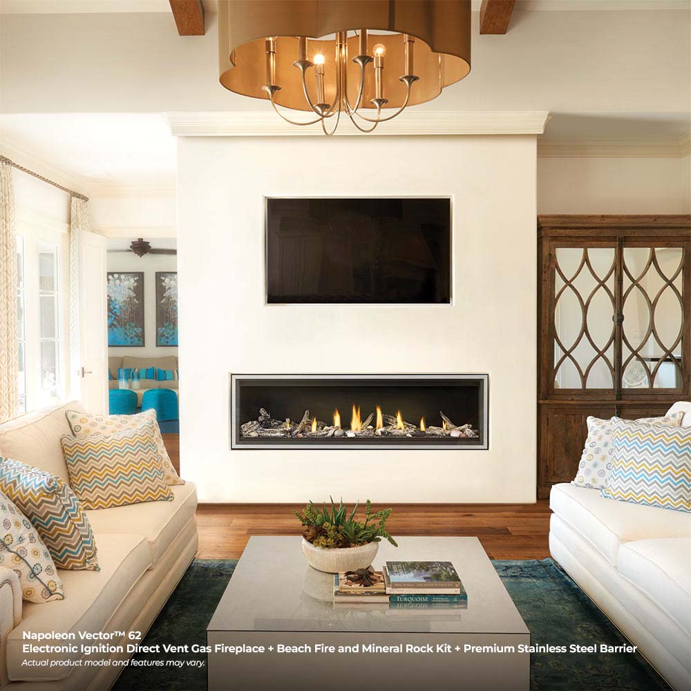 Direct vent gas fireplace with burning flames and decorative glass ember bed