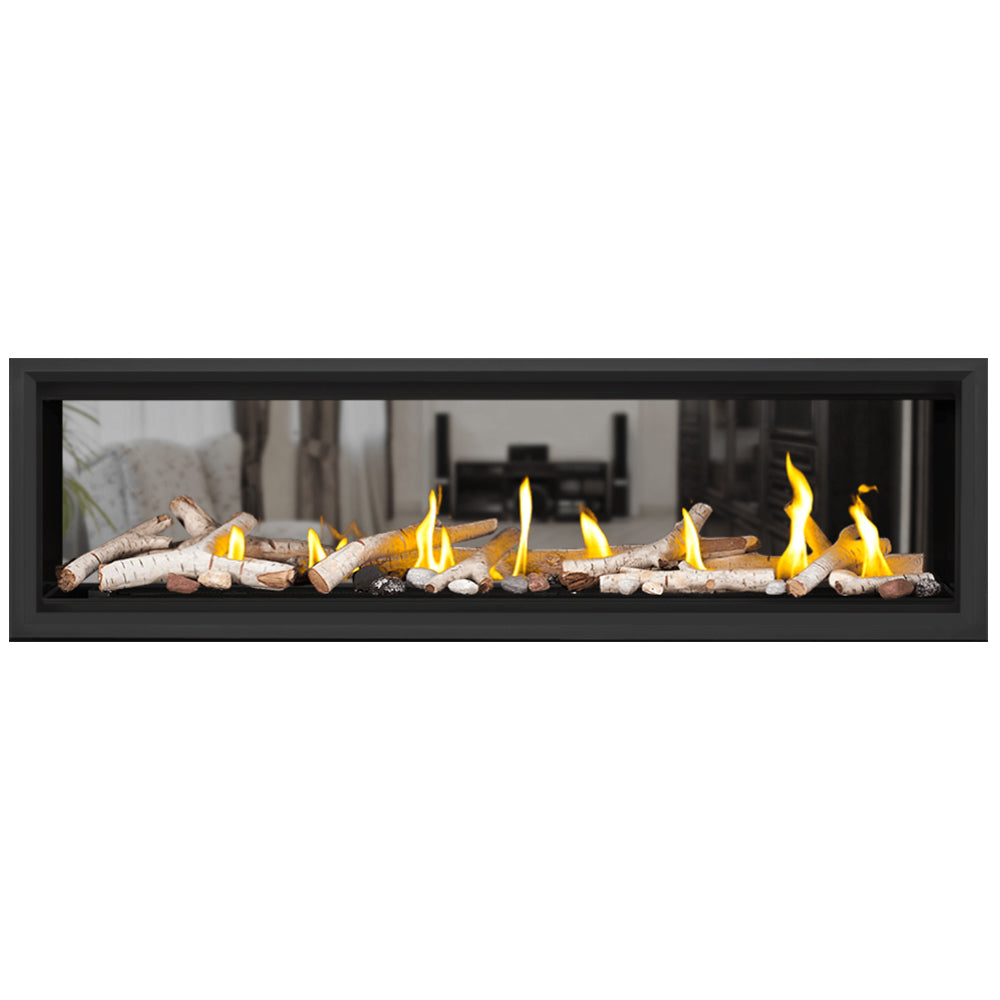 62-inch direct vent gas fireplace with glowing logs and flames in black frame