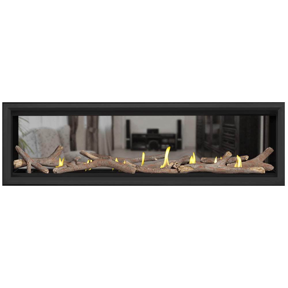 Direct vent gas fireplace with decorative log set and flames