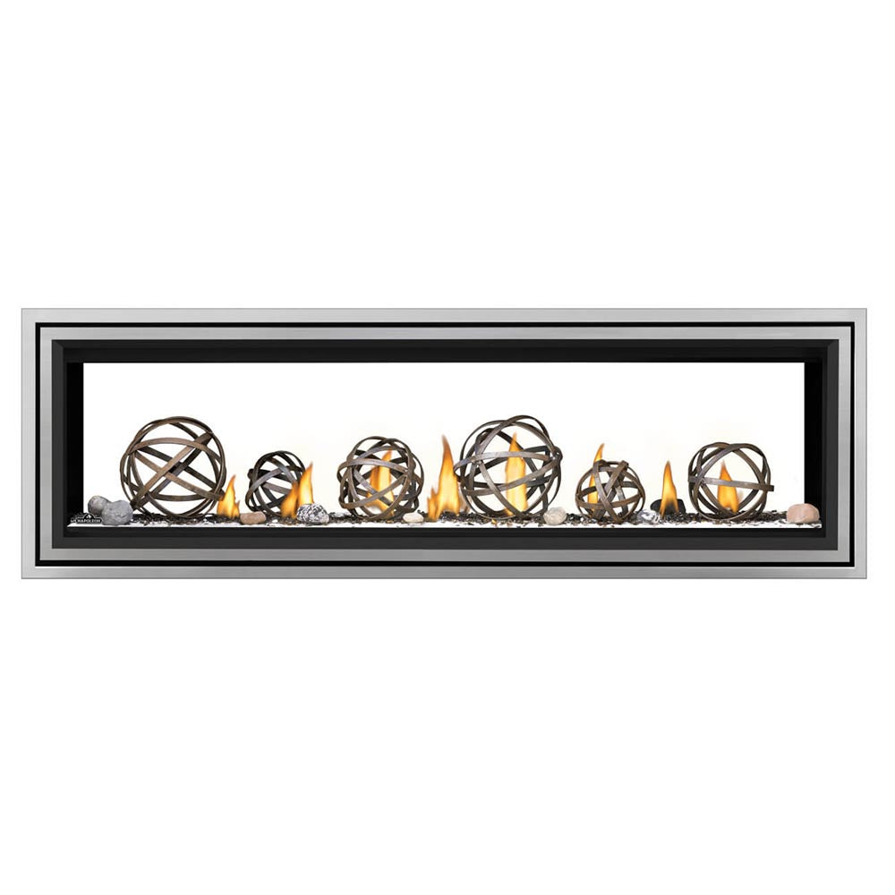 Black framed double-sided gas fireplace with decorative metal ember media and flames