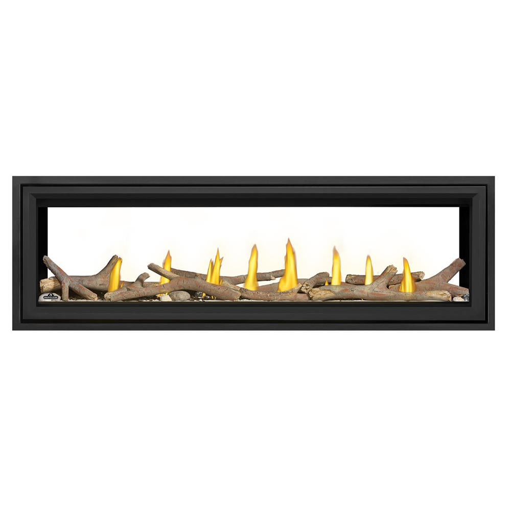 Black framed double-sided gas fireplace with stacked log pieces and glowing flames