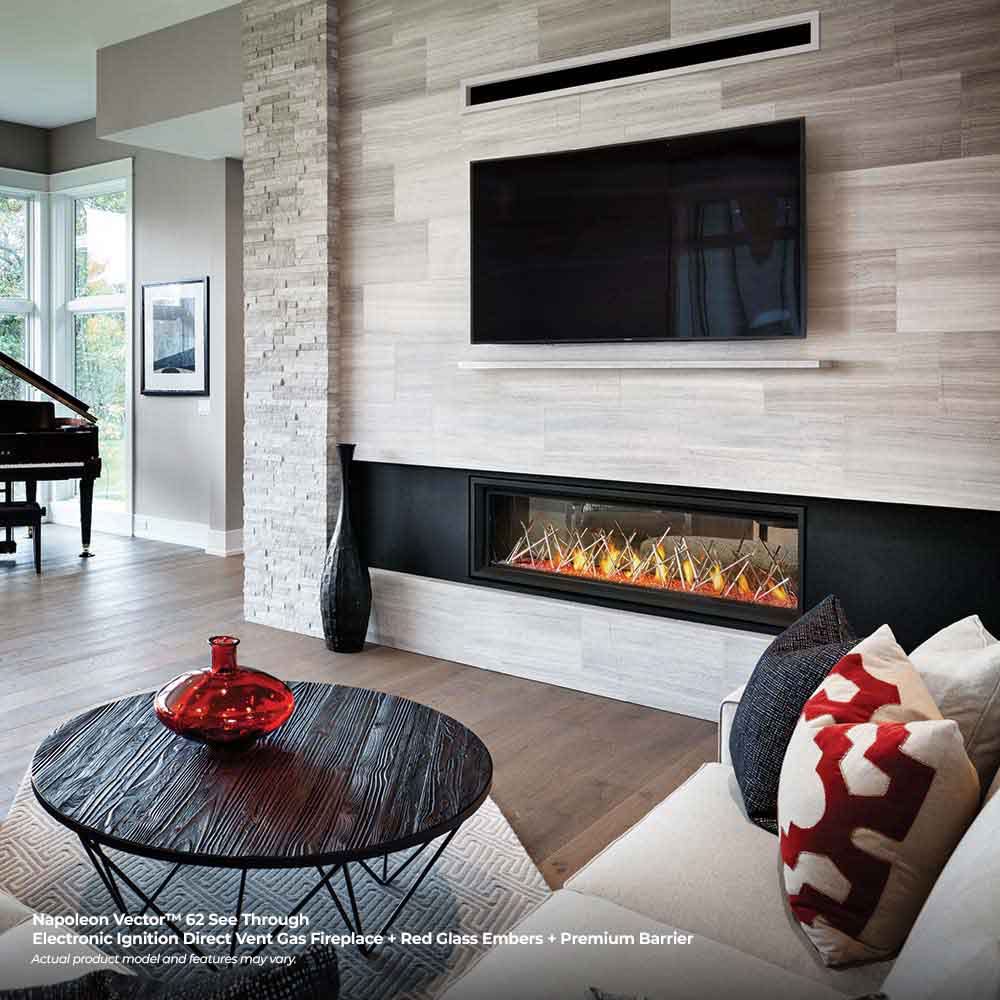 Wall-mounted gas fireplace with black firebox insert and bright flame bed with logs