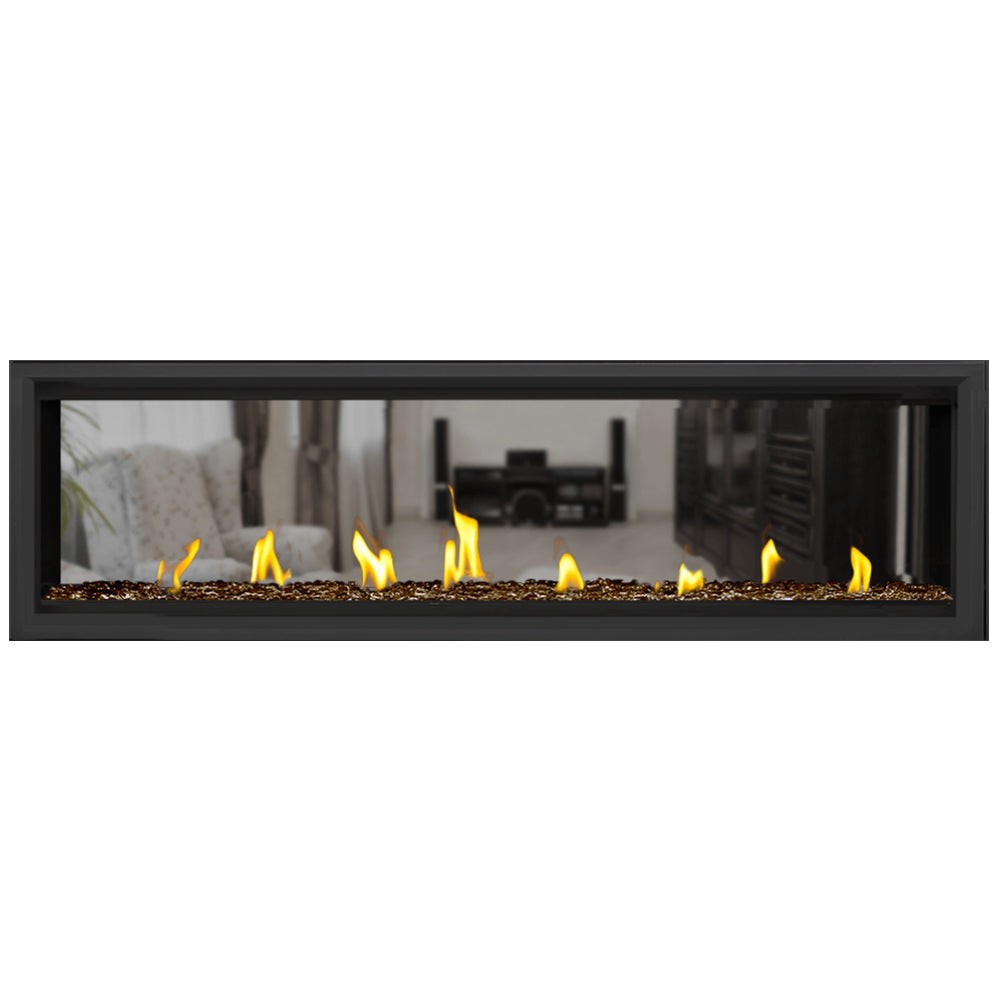 62-inch direct vent gas fireplace with dark fire media and glowing flames in black frame