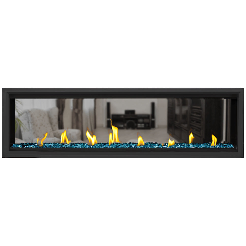 Direct vent gas fireplace with blue glass bead fire bed and flames